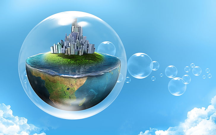planet earth inside bubble illustration, fantasy art, bubbles, HD wallpaper