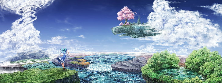 Touhou, Cirno, anime, anime girls, water, nature, cloud - sky