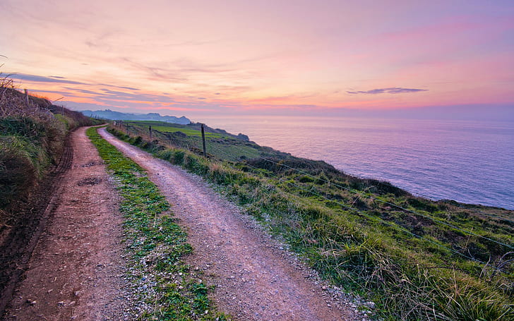 Spain scenery, road, footpath, grass, coast, sea, evening sunset, green grass, HD wallpaper