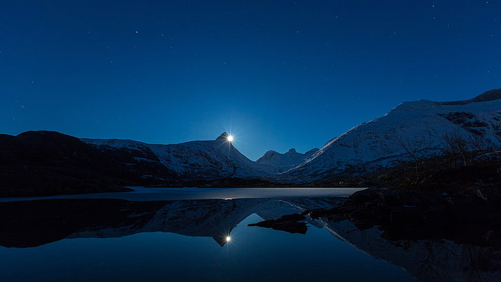 white mountain, calm waters, landscape, nature, night, mountains, HD wallpaper