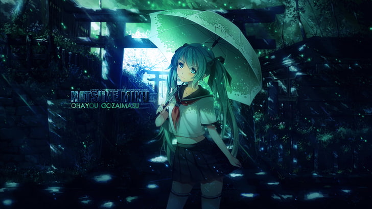 illustration of anime girl in blue hair wearing school uniform and holding umbrella, HD wallpaper