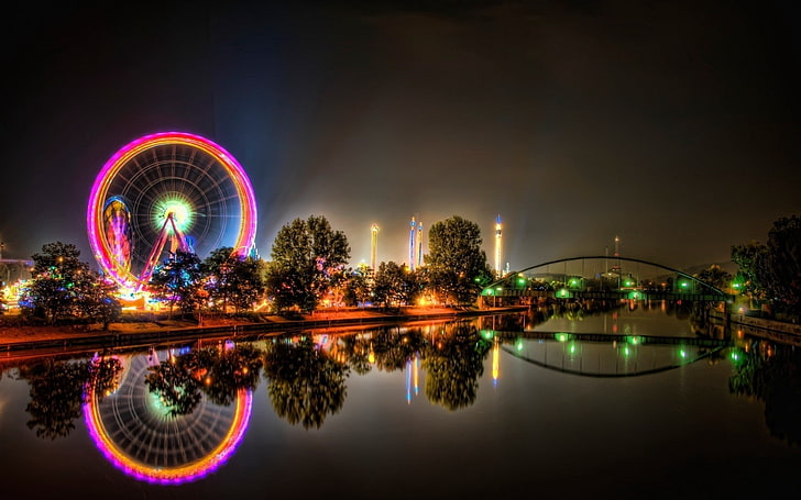 time-lapse photography of ferris wheel, city, park, ride, bridge