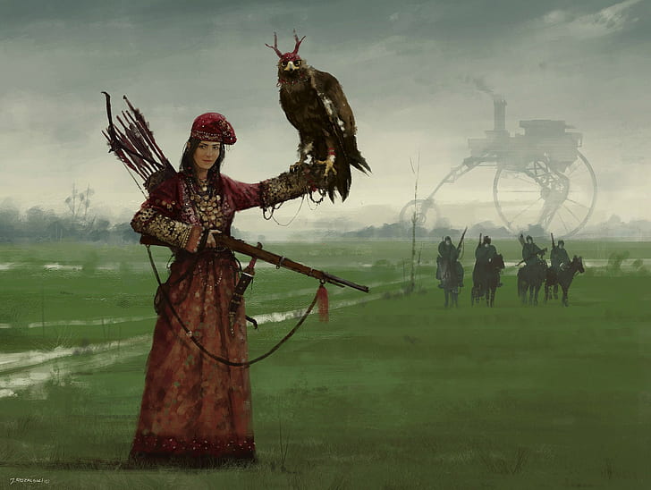 digital art, women, warrior, weapon, arrows, birds, army, horse