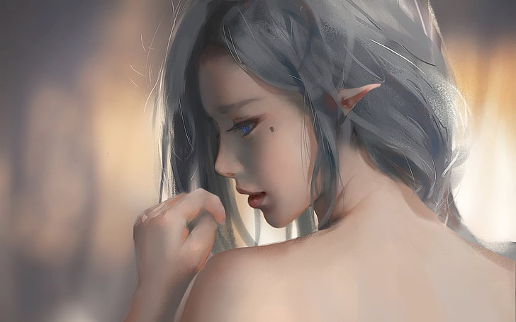gray-haired female elf digital wallpaper, elves, pointed ears