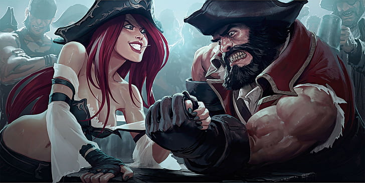 illustration, redhead, Gangplank, Miss Fortune, pirates, League of Legends
