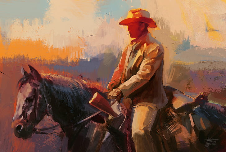 digital, horse, men, western, cowboys, artwork, animals, HD wallpaper