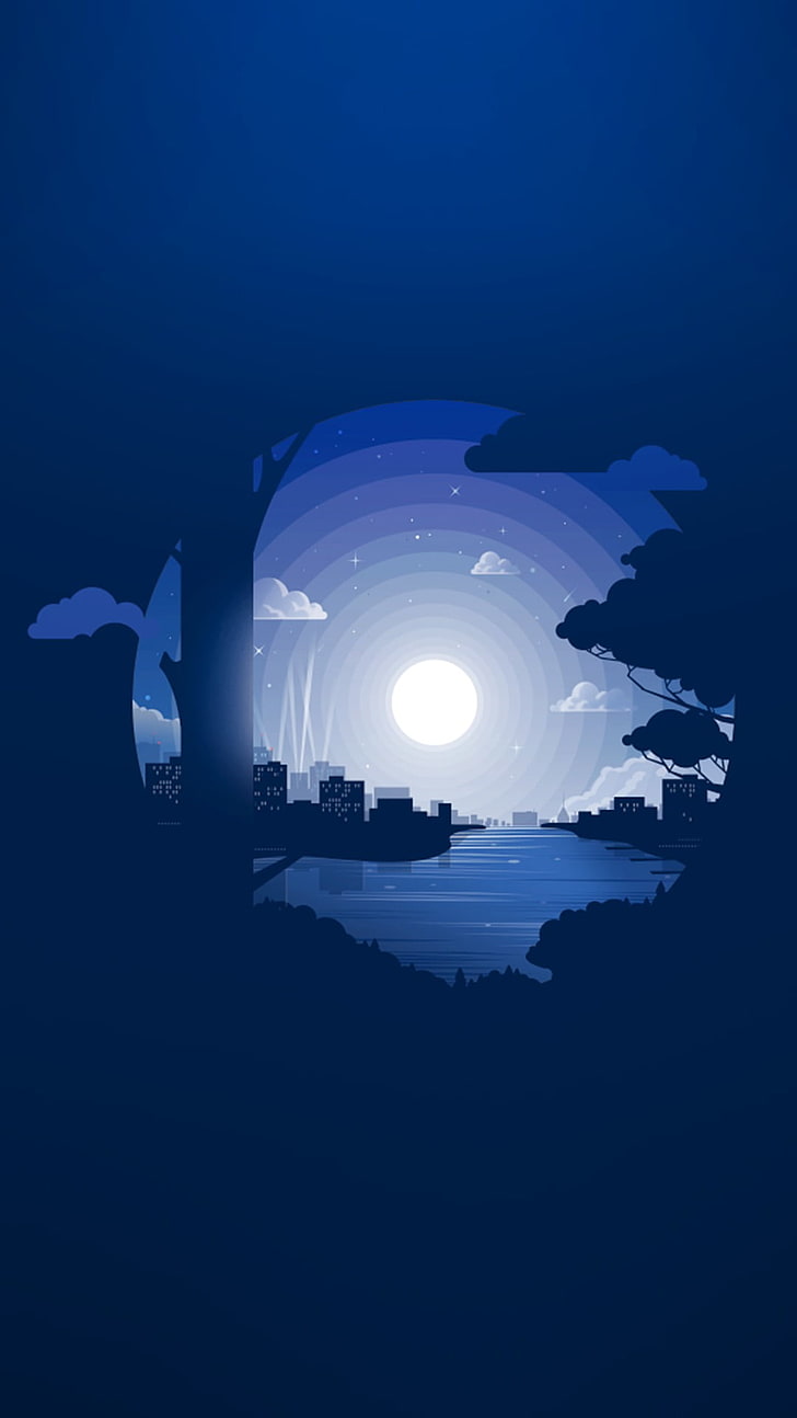 forest, city and moon wallpaper, material style, minimalism, blue