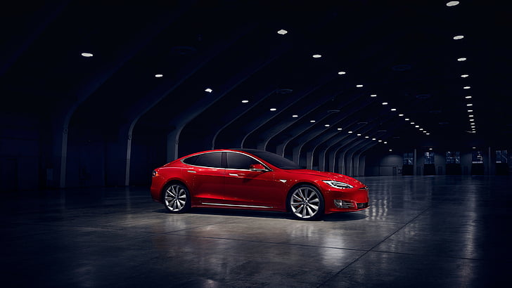 red sedan car, Tesla Model S P90D, electric cars, Elon Musk