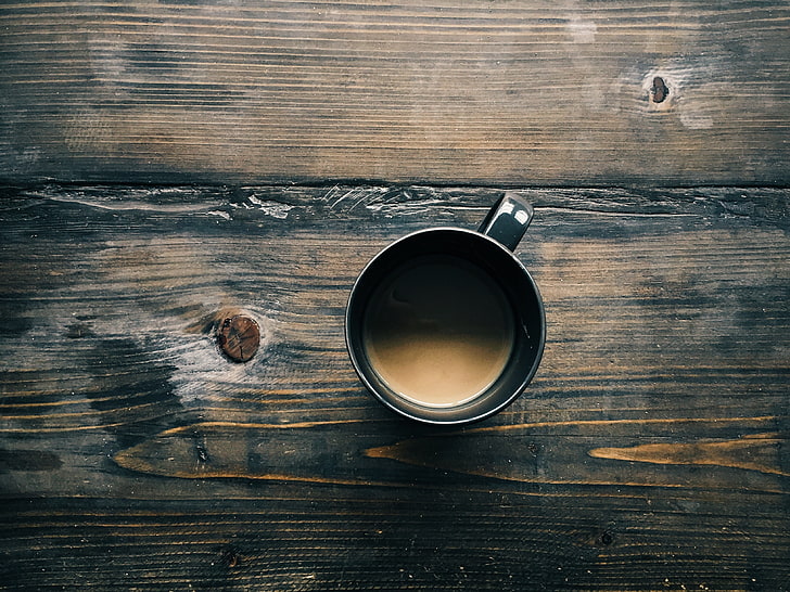 black ceramic mug, coffee, cup, wooden surface, wood - Material, HD wallpaper