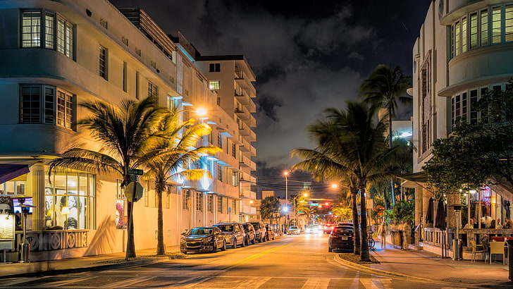 white concrete building, lights, street, Miami, the evening, FL, HD wallpaper