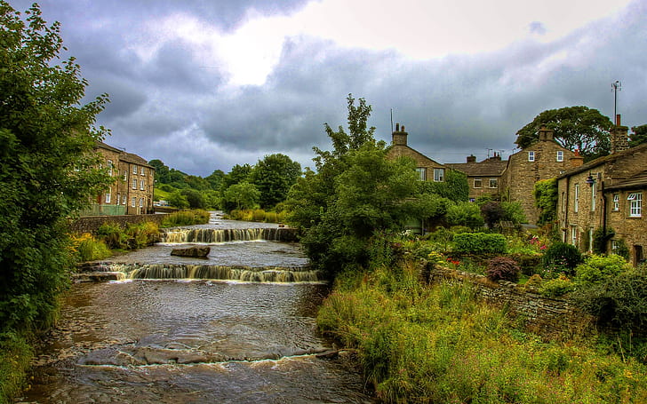 North Yorkshire, England, river, town, trees