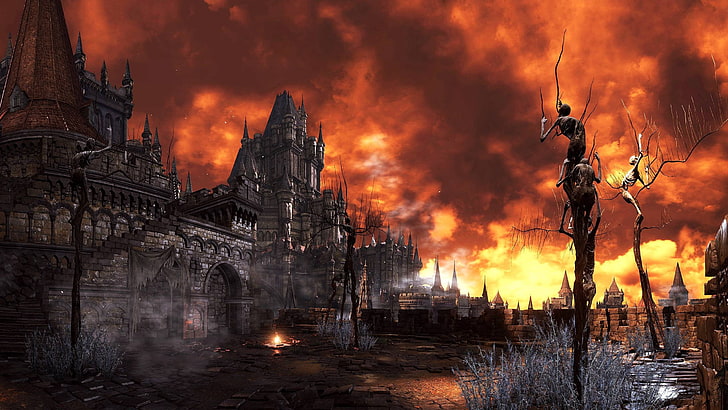 castle wallpaper, Dark Souls, Dark Souls III, video games, burning