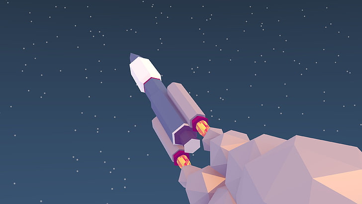 launching rocket illustration, space, low poly, blue, studio shot