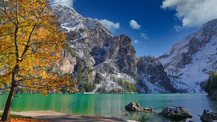 autumn, mountains, lake, tree, boats, Italy, The Dolomites, HD wallpaper