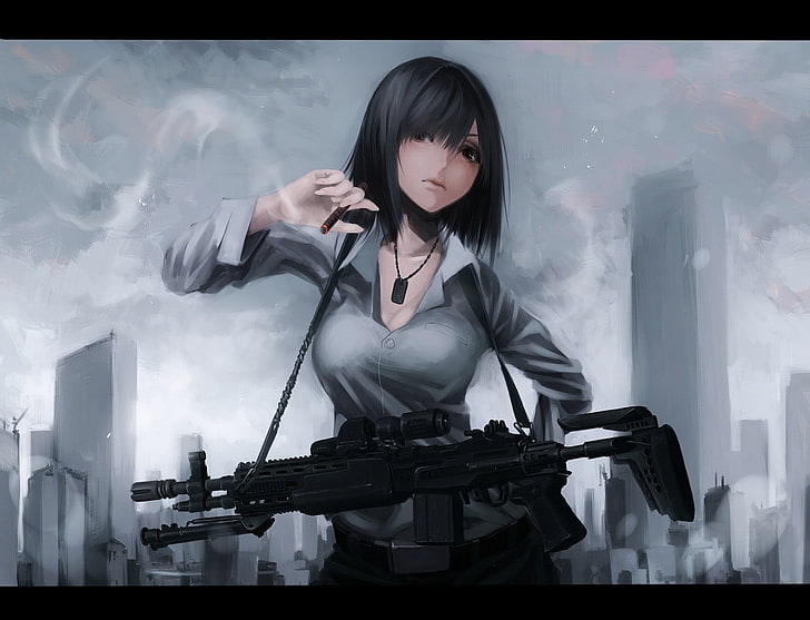black haired female anime character with rifle digital wallpaper