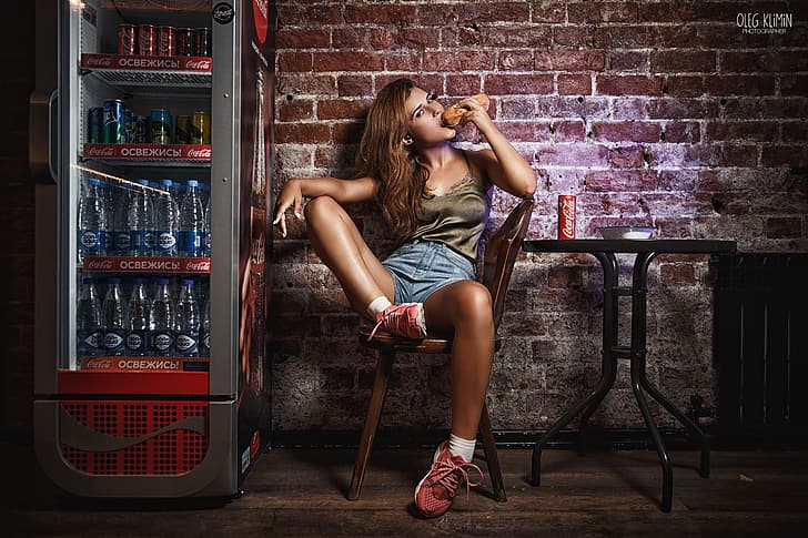 girl, wall, coca-cola, shorts, legs, brown hair, photo, photographer, HD wallpaper