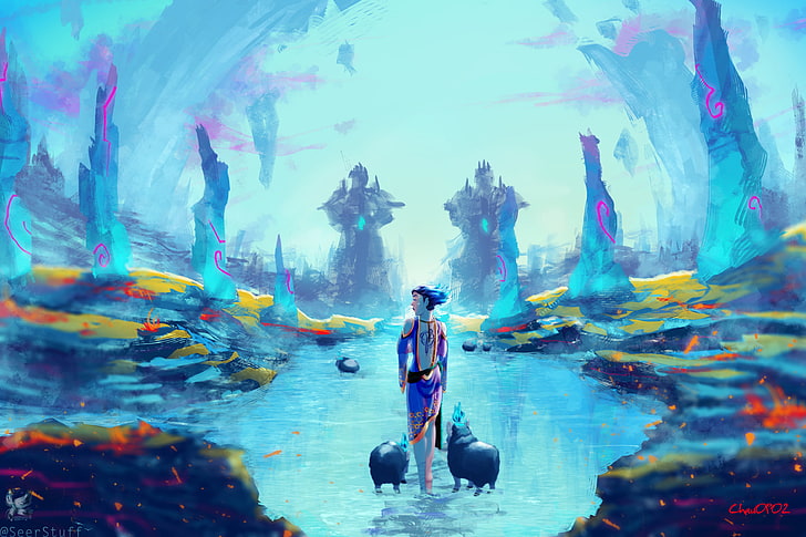 woman and two pigs painting, fantasy art, colorful, water, real people