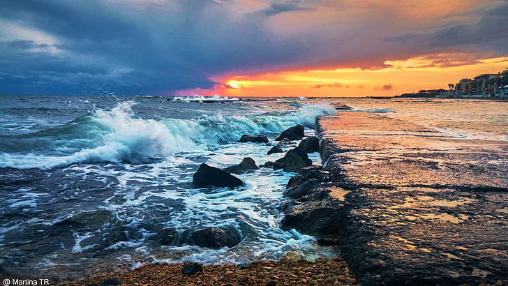 seawave during daytime, Sunset, beach, coastline, nature, water, HD wallpaper