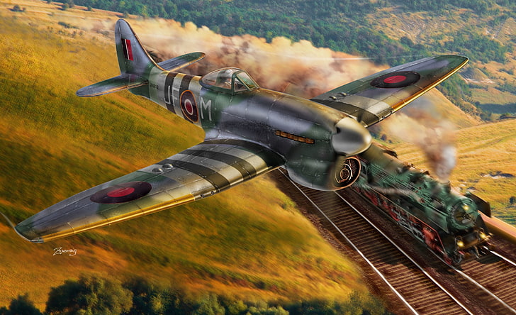 battle plane illustration, the sky, the plane, art, British, RAF, HD wallpaper