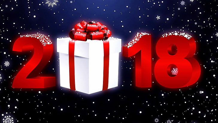 2018, new year, gift, text, event, snow, graphics, graphic design, HD wallpaper