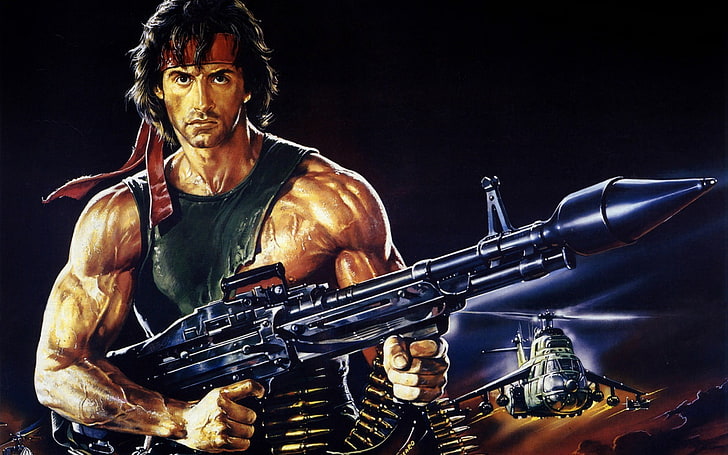 Sylvester Stallone, drawing, Rambo, helicopters, movies, weapon, HD wallpaper