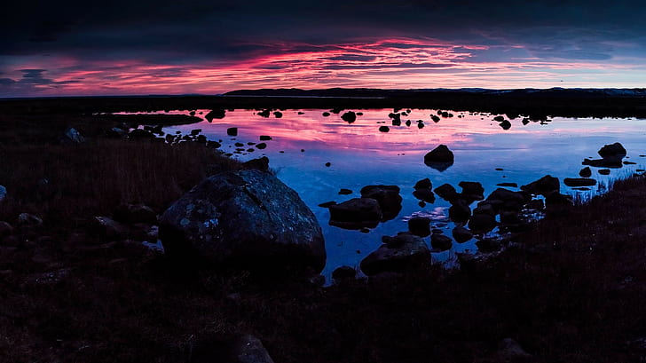 landscape, nature, water, rocks, purple sky, colored sky, O.G. Photos, HD wallpaper