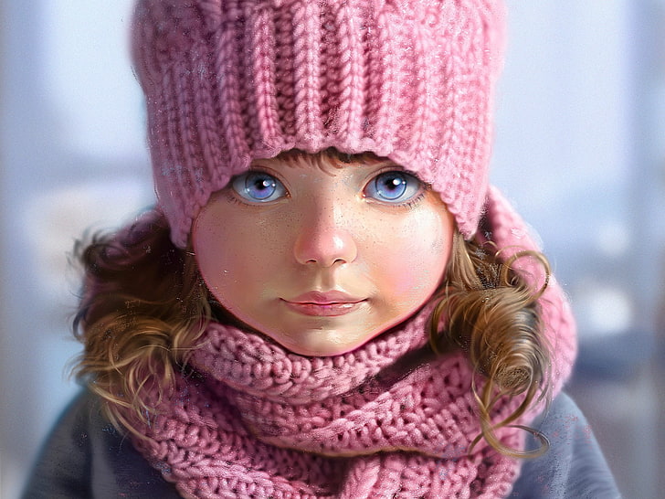 face, hat, portrait, scarf, girl, freckles, pink, blue eyes