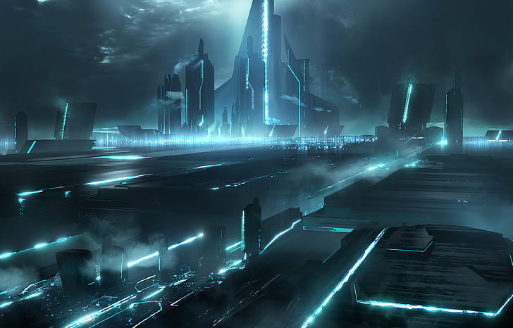 Sci Fi, City, Blue, Building, Cityscape, Light, Night, Skyscraper