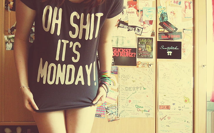 women's black and white oh shit it's monday tee shirt, girl, the inscription, HD wallpaper
