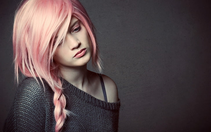 women's pink hair color, sweater, blond Hair, beautiful, fashion