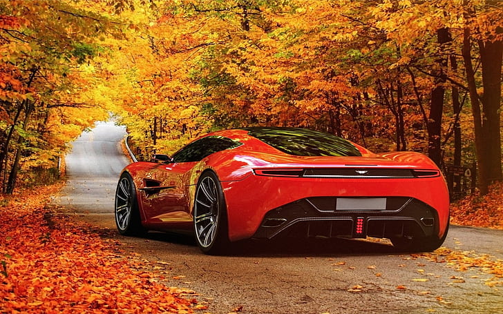 Red Aston Martin DBC concept car, road, autumn