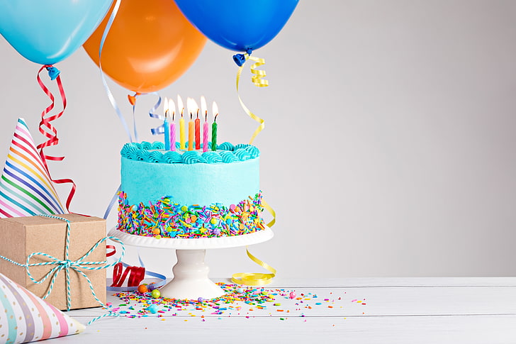 birthday cake, balloons, celebration, candy, dessert, Food, HD wallpaper