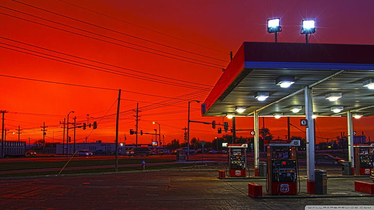 Gas Staion Under A Red Sky, gas station, street, town, nature and landscapes
