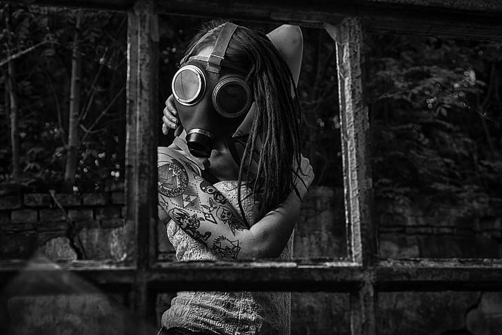 gas masks, women, model, monochrome, 500px, Peter Michaelis, HD wallpaper