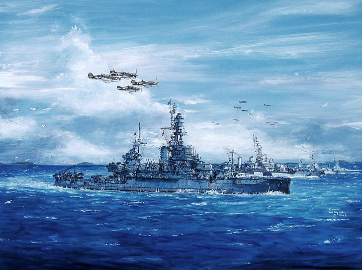 battle ship painting, sea, wave, the sky, figure, ships, art, HD wallpaper