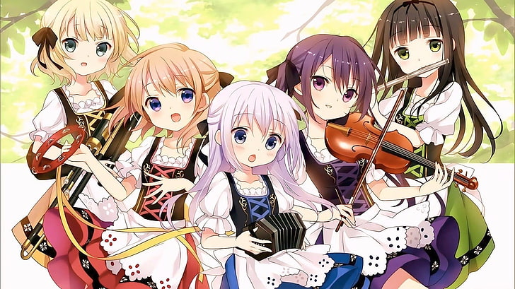 five female anime character playing instruments, Gochuumon wa Usagi Desu ka?