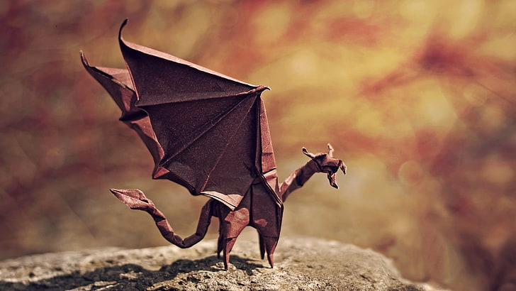 brown dragon illustration, origami, artwork, wings, stone, tail, HD wallpaper