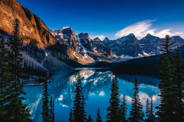 trees, mountains, lake, reflection, Canada, Albert, Banff National Park