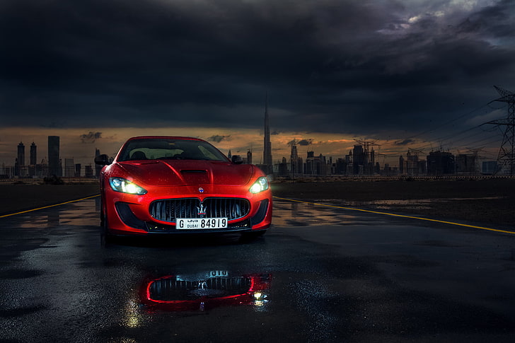 red Maserati GranTurismo coupe, mc stradale, front view, car, HD wallpaper