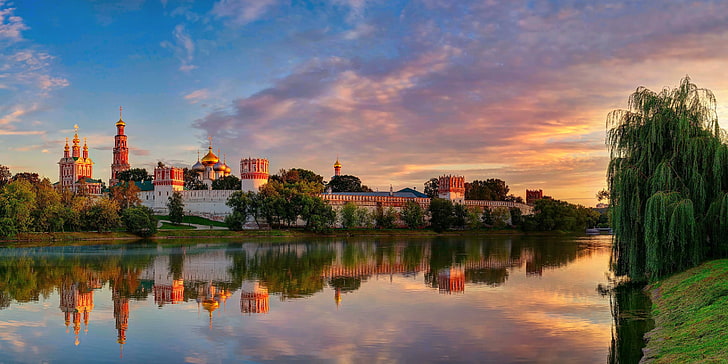 calm body of water, moscow, novodevichy convent mother of god of smolensk, HD wallpaper