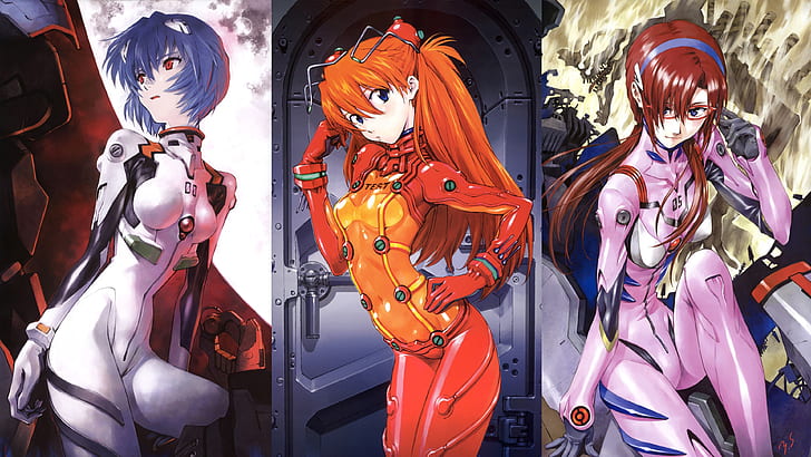Neon Genesis Evangelion, three beautiful anime girls, HD wallpaper