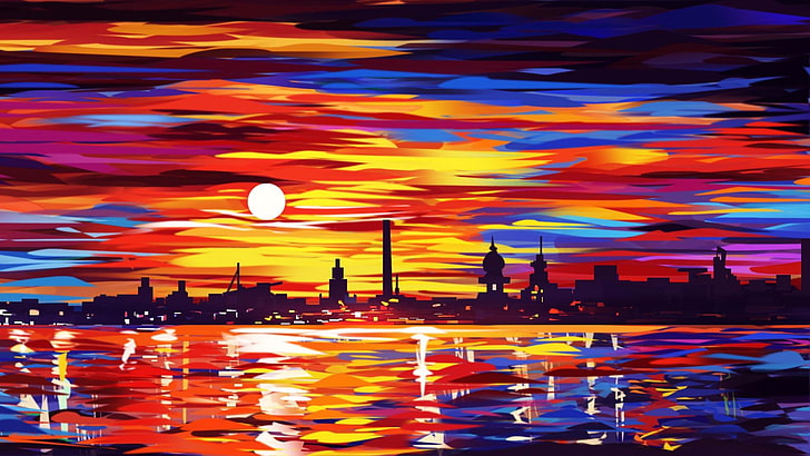 city, painting art, artwork, sunset, reflection, water, cityscape