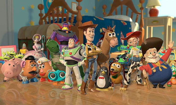 Toy Story characters, horse, dinosaur, dog, piggy, cowboy, aliens