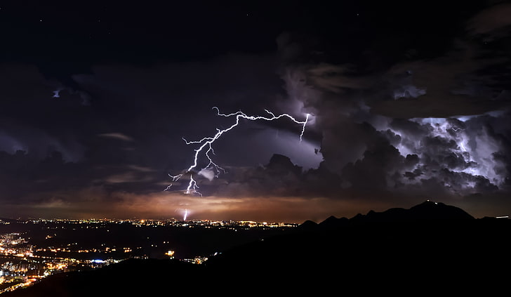 lightning, nature, landscape, clouds, night, storm, cityscape