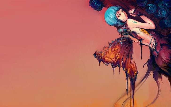 anime girls, fantasy art, wings, simple background, blue hair