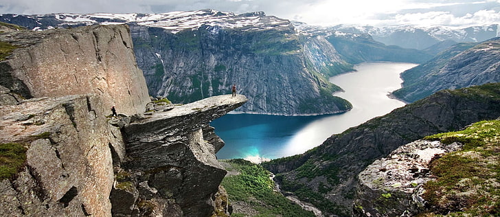 rock mountain cliff, fjord, sea, canyon, snow, clouds, Norway