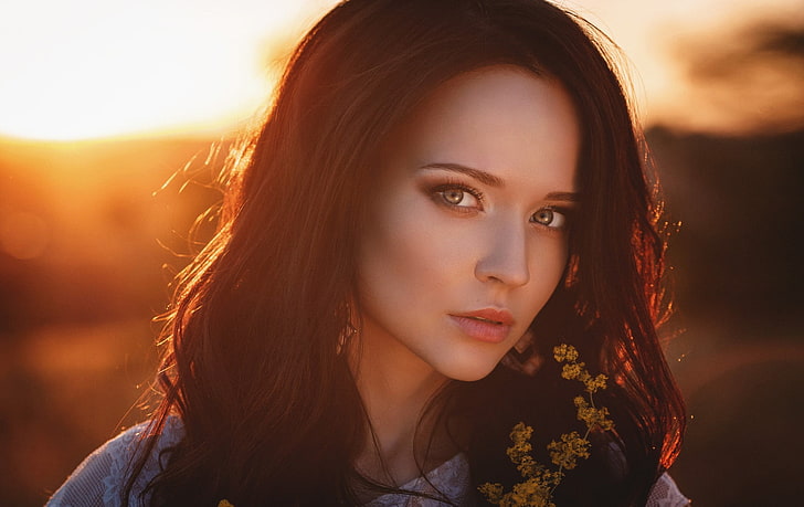 women's white top, model, brunette, portrait, sunset, Angelina Petrova, HD wallpaper