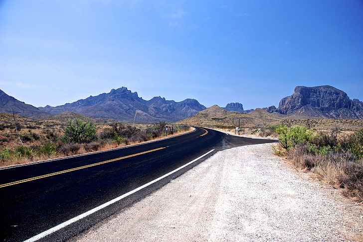 desert, road, mountains, landscape, Texas, national park, transportation, HD wallpaper