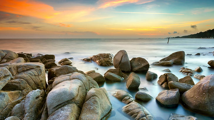 landscape, sea, coast, rocks, horizon, sunset, HD wallpaper