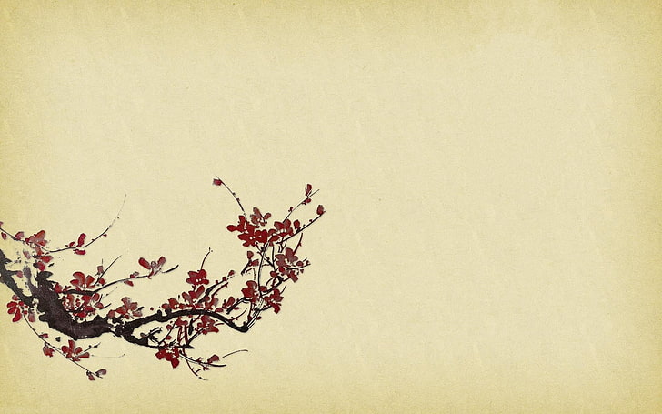 red flowering tree illustration, minimalism, texture, simple background, HD wallpaper